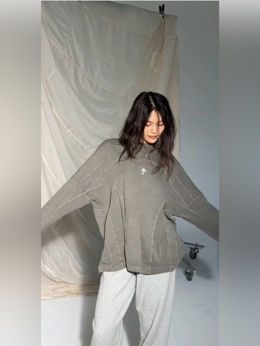 JOAH BROWN 🩶 Vintage Panel Long Sleeve Haze Cotton S/M Oversized 🪷 Pristine! - Picture 5 of 15